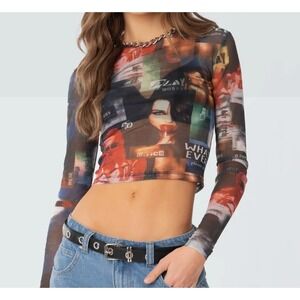 Edikted Two Faced Mesh Long Sleeve Crop Top Size XS